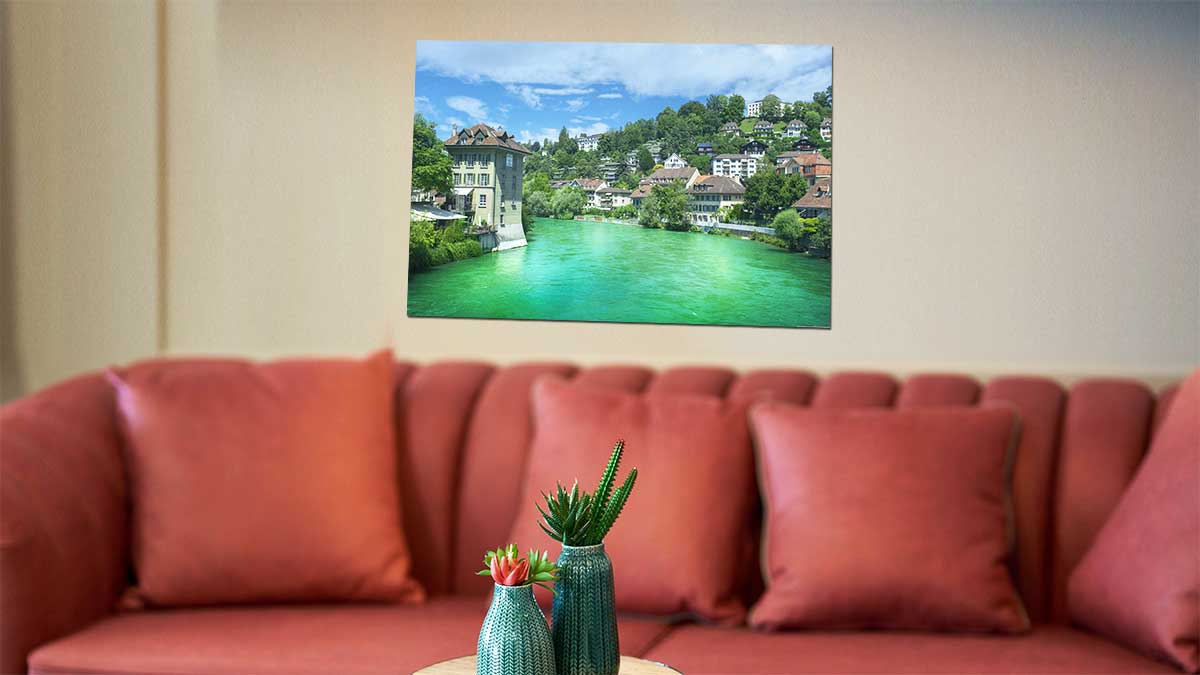 Poster of a holiday picture from a trip to Europe featuring a beautifully blue river hanging in a sitting room