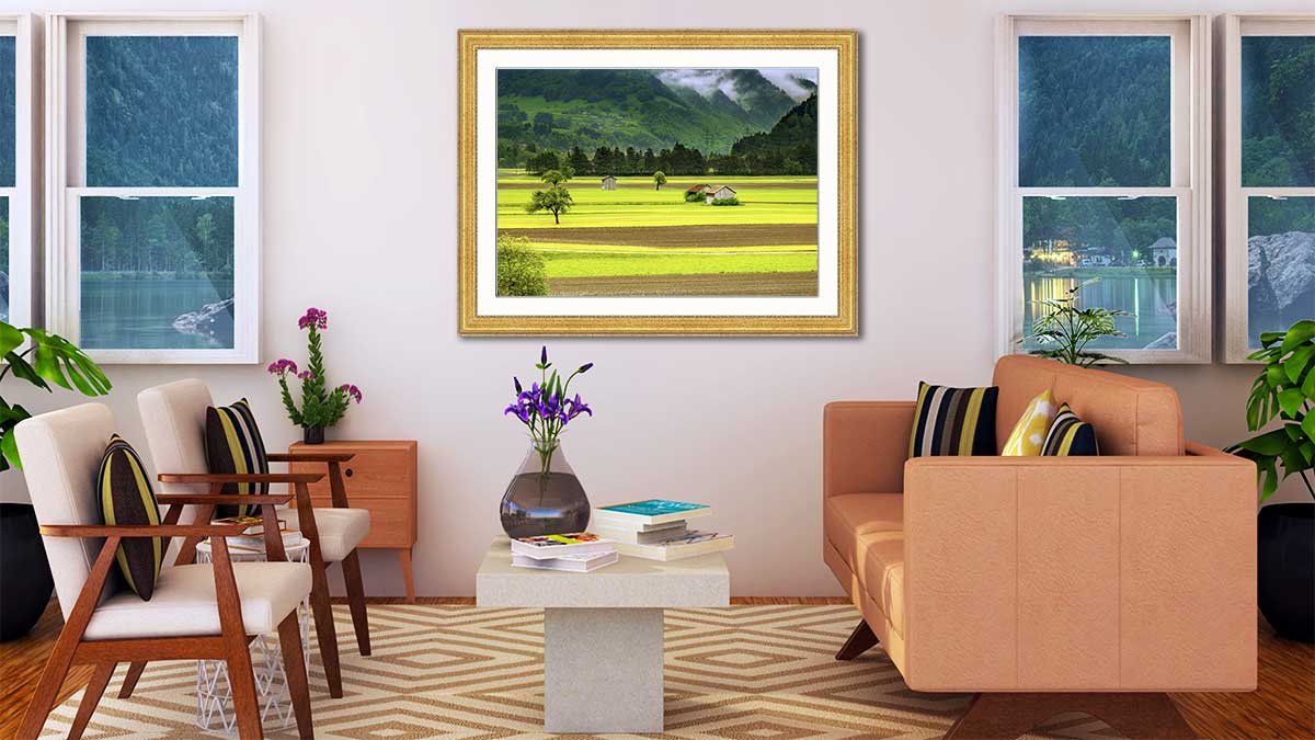 Beautiful far east landscape hung in a trendy modern sitting room